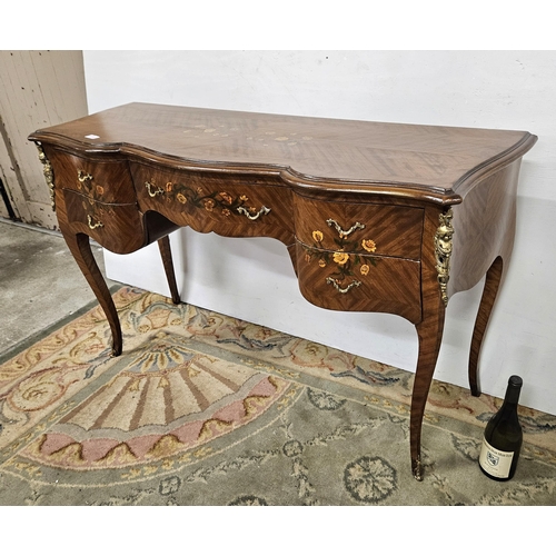 60 - Continental Kneehole Desk, with a serpentine shaped front and 5 drawers, on sabre legs, marquetry de... 