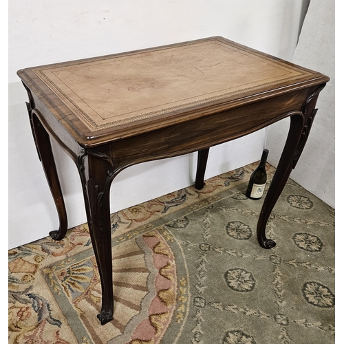 62 - Fine 19thC Rosewood Centre/ Side Table, with a tooled tan leather top, on cabriole legs with leaf ca... 