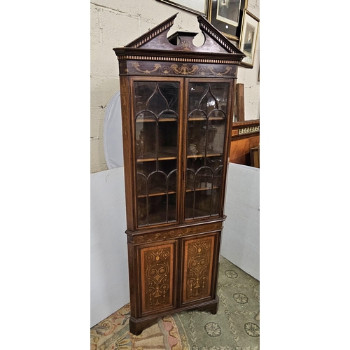 63 - Nicely inlaid Mahogany Corner Cabinet, the swan neck top over two glazed doors and a 2 door cupboard... 