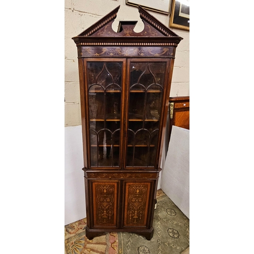 63 - Nicely inlaid Mahogany Corner Cabinet, the swan neck top over two glazed doors and a 2 door cupboard... 