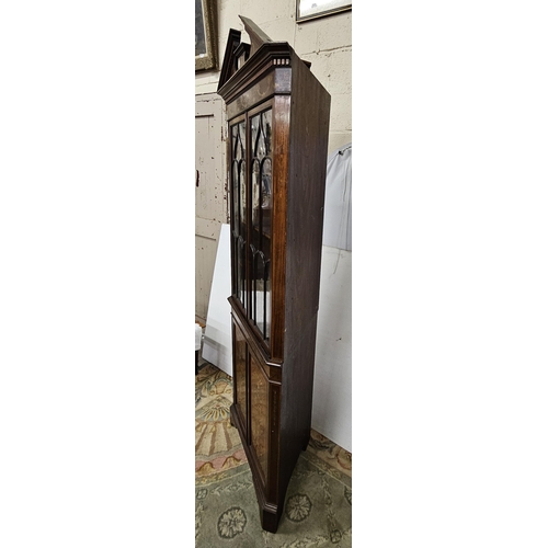 63 - Nicely inlaid Mahogany Corner Cabinet, the swan neck top over two glazed doors and a 2 door cupboard... 