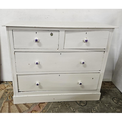 64 - Victorian Pine Chest of 4 Drawers, with turned handles on a platform base, painted white, 104cmW x 8... 