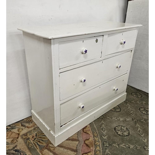 64 - Victorian Pine Chest of 4 Drawers, with turned handles on a platform base, painted white, 104cmW x 8... 