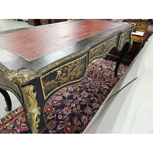 69 - Continental Writing Desk, black with oriental japanned décor, a tooled red leatherette top over 3 ap... 