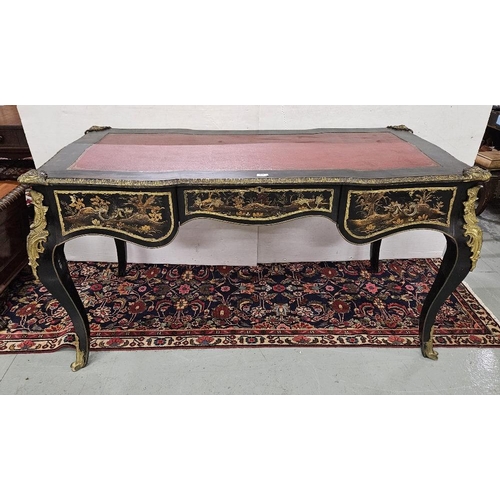 69 - Continental Writing Desk, black with oriental japanned décor, a tooled red leatherette top over 3 ap... 