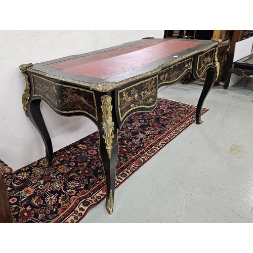 69 - Continental Writing Desk, black with oriental japanned décor, a tooled red leatherette top over 3 ap... 