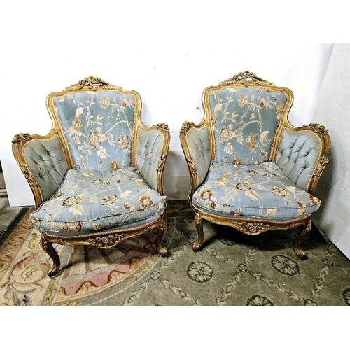 7 - Matching Pair Gilt Framed Salon Armchairs, the backs and seats covered with blue satin fabric, embro... 