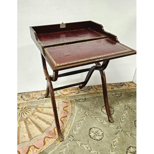 71 - 19thC Mahogany Campaign Desk, on c-scrolled legs, opens to an interior with red tooled leather writi... 