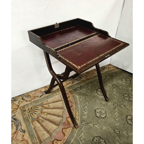 71 - 19thC Mahogany Campaign Desk, on c-scrolled legs, opens to an interior with red tooled leather writi... 