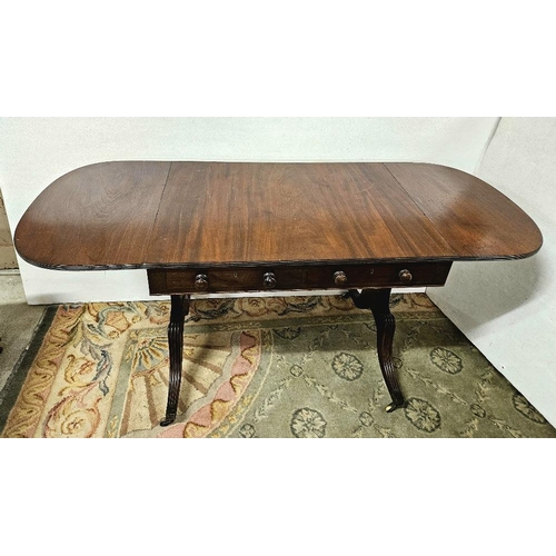 72 - 19thC Mahogany Sofa Table, with drop-end leaves, one drawer and one faux drawer to either side, on 4... 