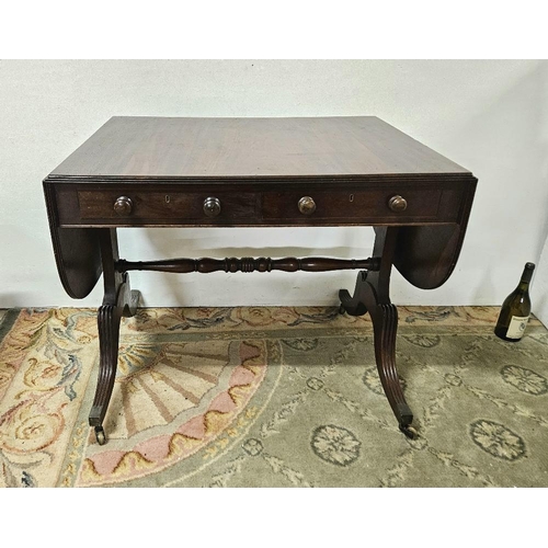 72 - 19thC Mahogany Sofa Table, with drop-end leaves, one drawer and one faux drawer to either side, on 4... 