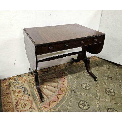 72 - 19thC Mahogany Sofa Table, with drop-end leaves, one drawer and one faux drawer to either side, on 4... 