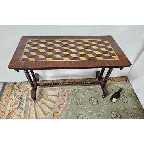 73 - Victorian Library Table, the parquetry table top inlaid with satinwood, ebony, mahogany veneers, on ... 