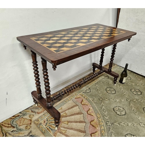 73 - Victorian Library Table, the parquetry table top inlaid with satinwood, ebony, mahogany veneers, on ... 