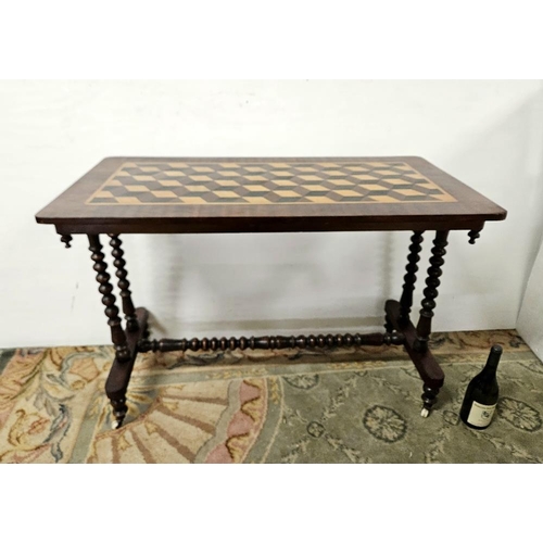 73 - Victorian Library Table, the parquetry table top inlaid with satinwood, ebony, mahogany veneers, on ... 