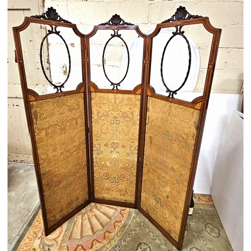 78 - Edw. Inlaid Mahogany Tall Tri-Fold Room Screen, with upper glazed panels featuring oval ribbon desig... 