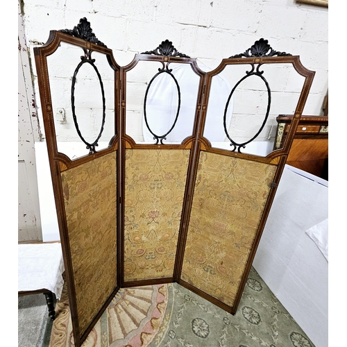 78 - Edw. Inlaid Mahogany Tall Tri-Fold Room Screen, with upper glazed panels featuring oval ribbon desig... 