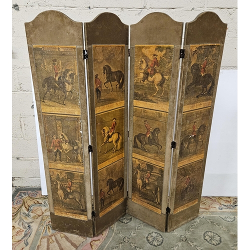 80 - 4 part Folding Screen  French Horseback Styles Le Galop etc, various coloured lithographs on a ve... 