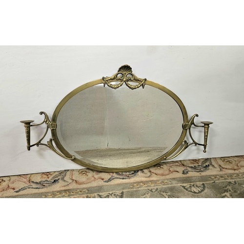 84 - Edwardian Brass Framed Overmantle Mirror, oval shaped, with outstretched scones, 105cmW x 62cmH