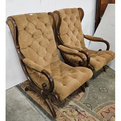 13 - Matching Pair of Mahogany Framed Library Armchairs, with brown suede fabric backs and seats, on c-sc... 