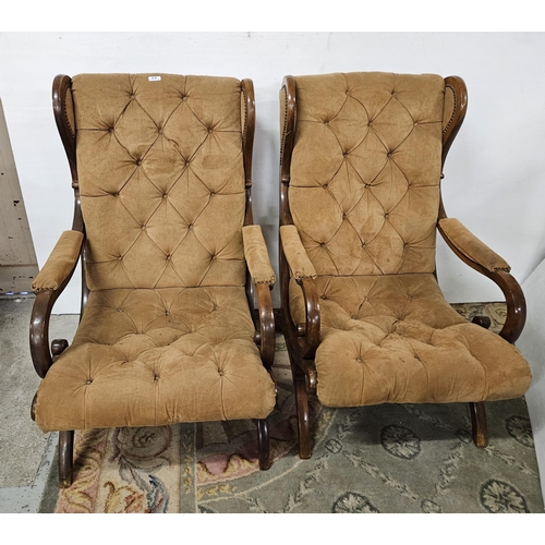 13 - Matching Pair of Mahogany Framed Library Armchairs, with brown suede fabric backs and seats, on c-sc... 