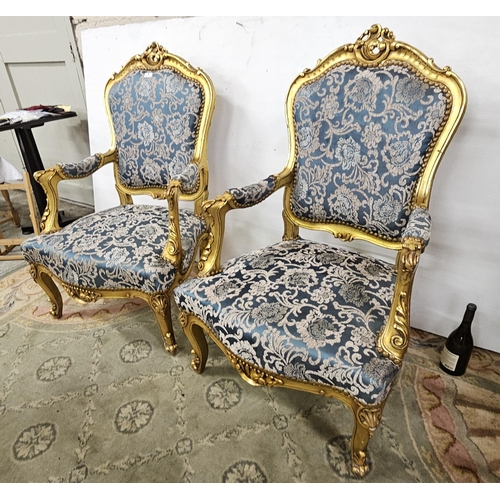 1 - Matching Pair of Carved Gold Framed Armchairs, with nice carved floral motifs, padded backs, arms an... 