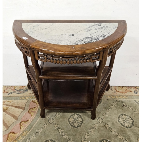 117 - Chinese hardwood Side Table, the bow-shaped top inset with a green and white veined marble top, abov... 