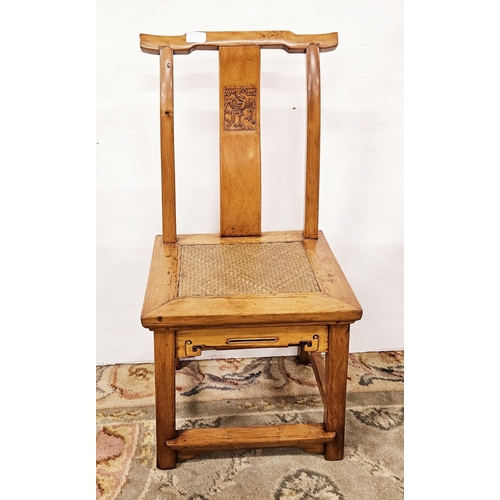 119 - Chinese Elm Chair - the eagle carving splat above a woven seat, on stretcher legs, 84cmH x 41cmH