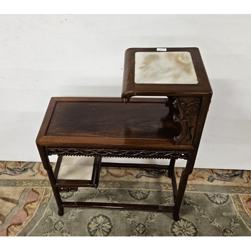 121 - Chinese Hardwood 3-Tiered Side Table, with a carved frieze - the upper and lower shelves having marb... 