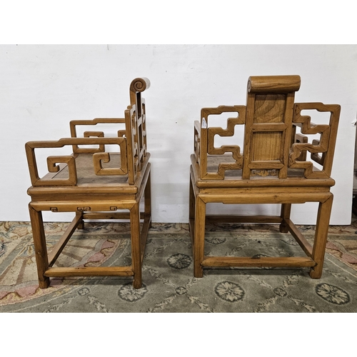 123 - Pair of Chinese Ash Ceremonial Chairs, with scrolled and panelled backs, square scrolled legs, each ... 