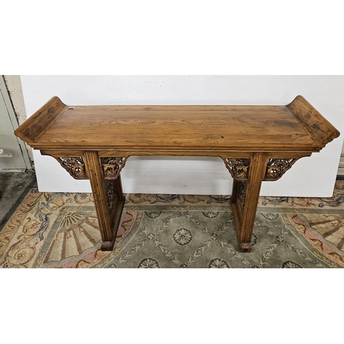 124 - Chinese Elm Alter Table, with raised ends, featuring dragon carvings, 1.64cmW x 94cmH x 47cmD