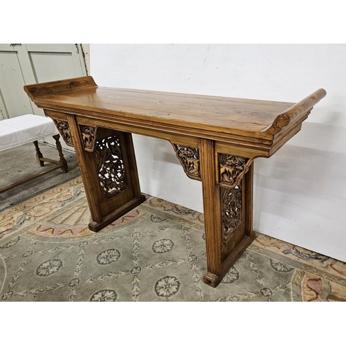 124 - Chinese Elm Alter Table, with raised ends, featuring dragon carvings, 1.64cmW x 94cmH x 47cmD