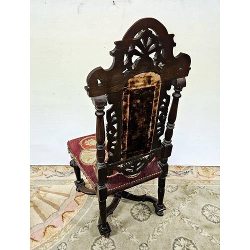 13 - Interesting 19thC Carved Oak Hall Chair with needlepoint decor to the back and seat (worn), on an X-... 