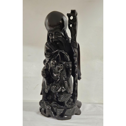 138 - Carved Japanese Root Figure, of a scholar with a child figure, 37cmH