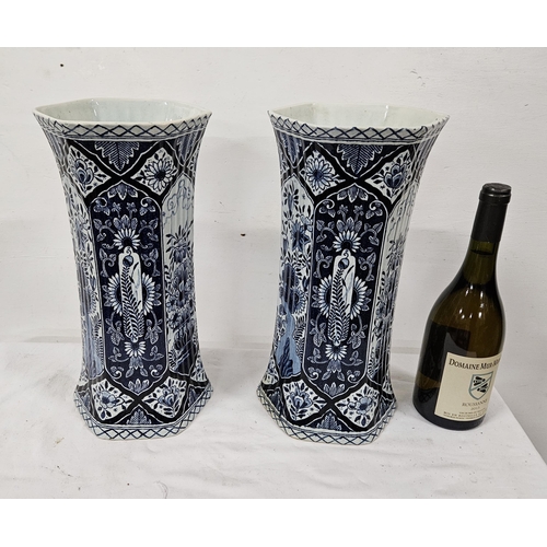 140 - Pair of tall mid-20thC Delft Vases, the fluted bodies having underglaze blue and white floral design... 