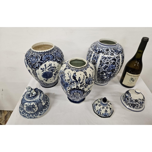 141 - 3 x under-glaze blue Vases with covering lids - 1 Delft stamped 