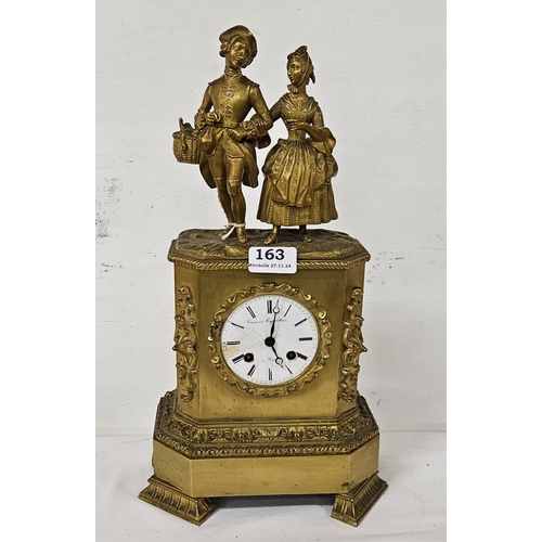 163 - French Gilt Framed Mantle Clock, a model of a period dressed couple mounted over the white dial (ins... 