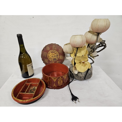 172 - Vintage Chinese Electric Table Lamp, with paper mache base and branches & a red lacquered circular p... 