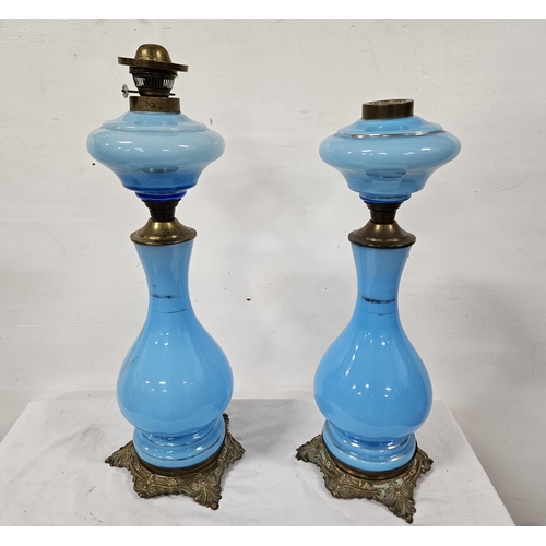 174 - Pair of Antique French blue glass Oil Lamps with bowls- the bulbous bodies decorated with Napoleon a... 