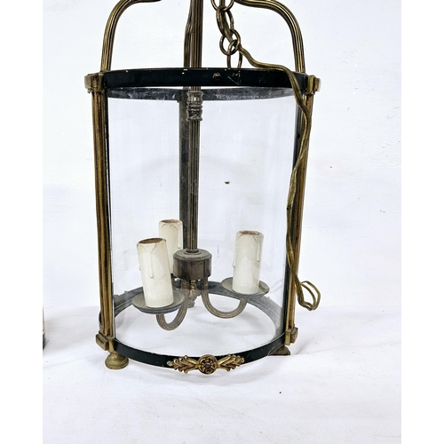 183 - Metal and Brass Framed Ceiling Lantern (3 electric sconce fittings inside), with a ribbed design han... 