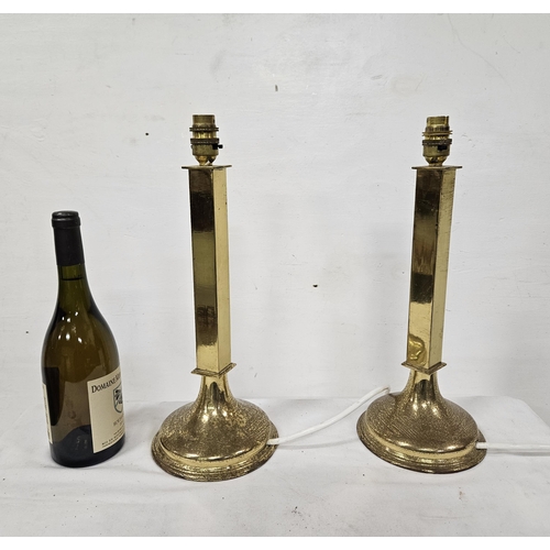 187 - Pair of Brass Table Lamps with central square columns on round bases (bases tarnished), 40cmH with a... 