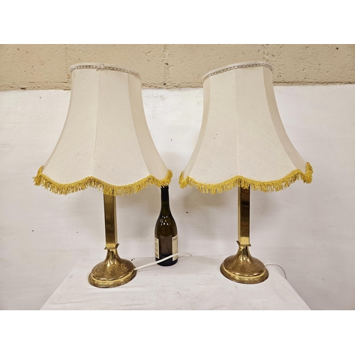 187 - Pair of Brass Table Lamps with central square columns on round bases (bases tarnished), 40cmH with a... 