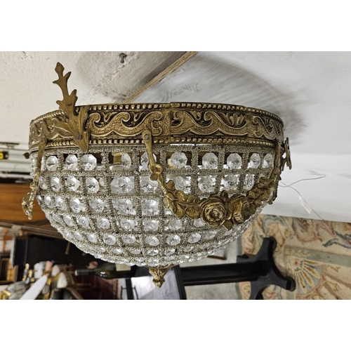 191 - French brass framed Ceiling Light, the glass beads decoratively bordered with silvered wire work, 40... 