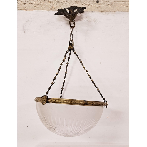 194 - Etched Glass bowl-shaped Celing Light, with a brass rim and decorative ceiling rose, chains (55cmH x... 