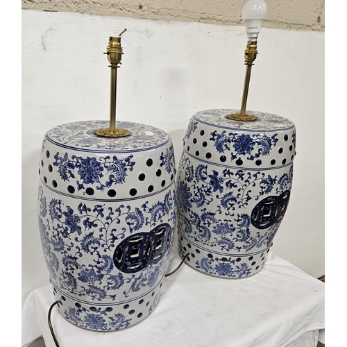 197 - Matching Pair of Chinese Porcelain Seats, converted to table lamps, underglaze blue and white decor,... 