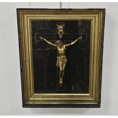 199 - Religious Boxed Collage - Jesus (gold painted) on a woven framed crucifix, in a timber frame, 77cmH ... 