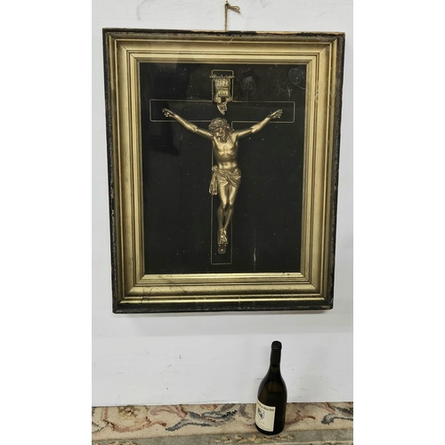 199 - Religious Boxed Collage - Jesus (gold painted) on a woven framed crucifix, in a timber frame, 77cmH ... 