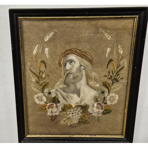 201 - Old Etching Portrait of Jesus with needlepoint surrounds, featuring harvest decor, on canvas, in an ... 