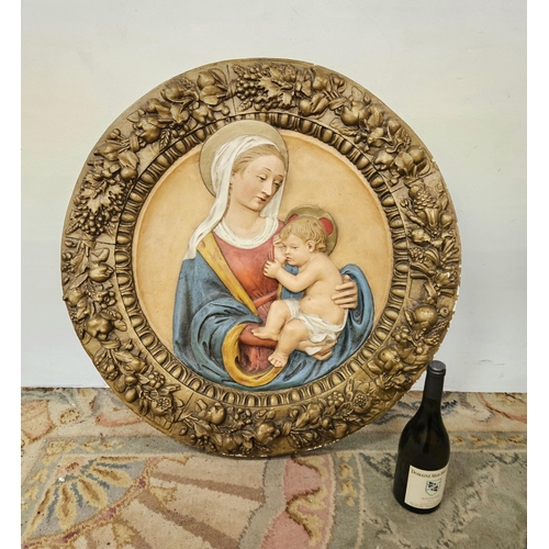 202 - Circular Plaster Wall Hanging - colourfully painted figures of Mother Mary feeding Jesus raised in r... 