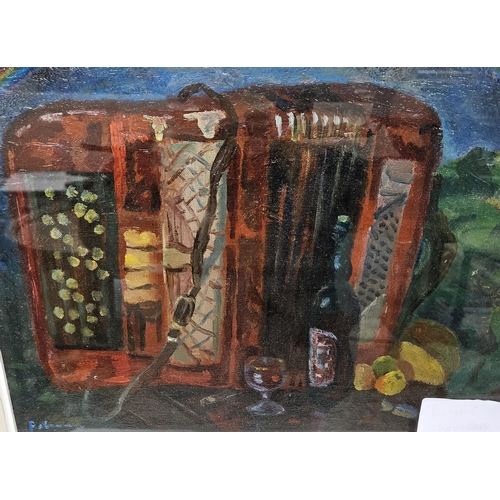 206 - 1930's French School Oil - Musical Still Life - Button Accordion and bows, in a contemporary white f... 